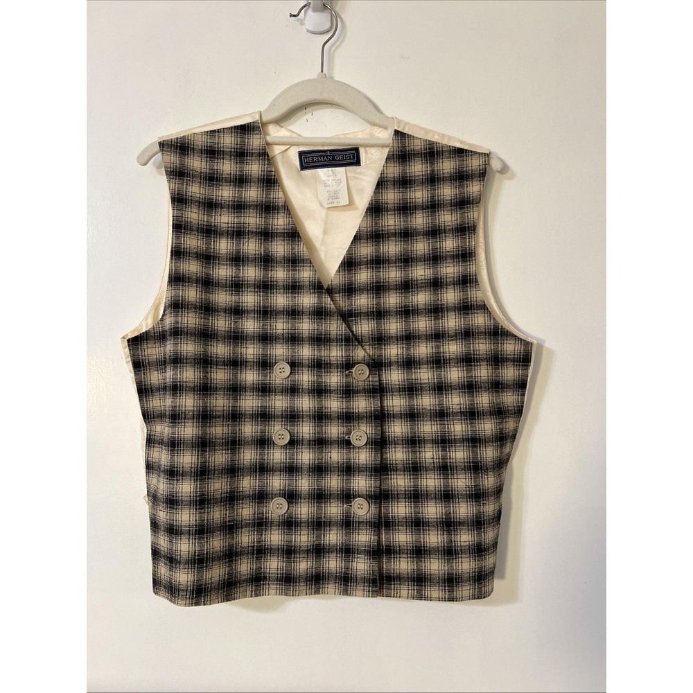 Vintage Herman Geist Linen Cotton Double Breasted Plaid Tan Vest Size 12 Holiday